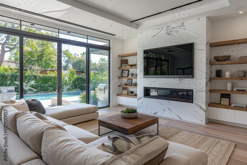 Modern living room with white marble fireplace, TV above beige sofa, large garden-view window, and wood shelf with decor items in Los Angeles.