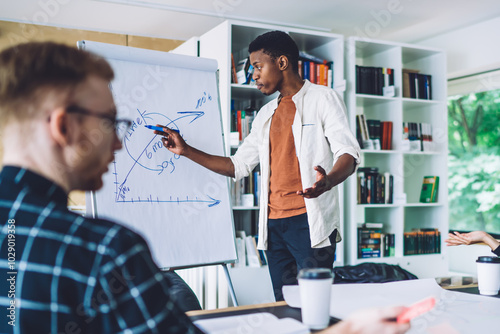 Black man drawing presentation for coworkers