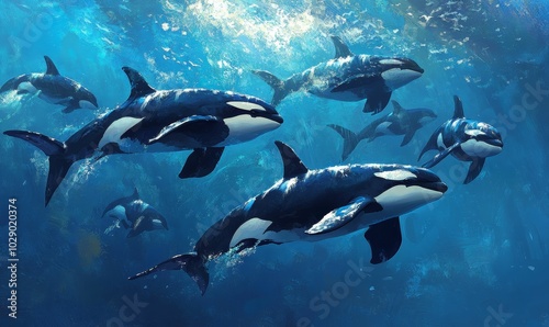 Orcas swimming in blue ocean water.