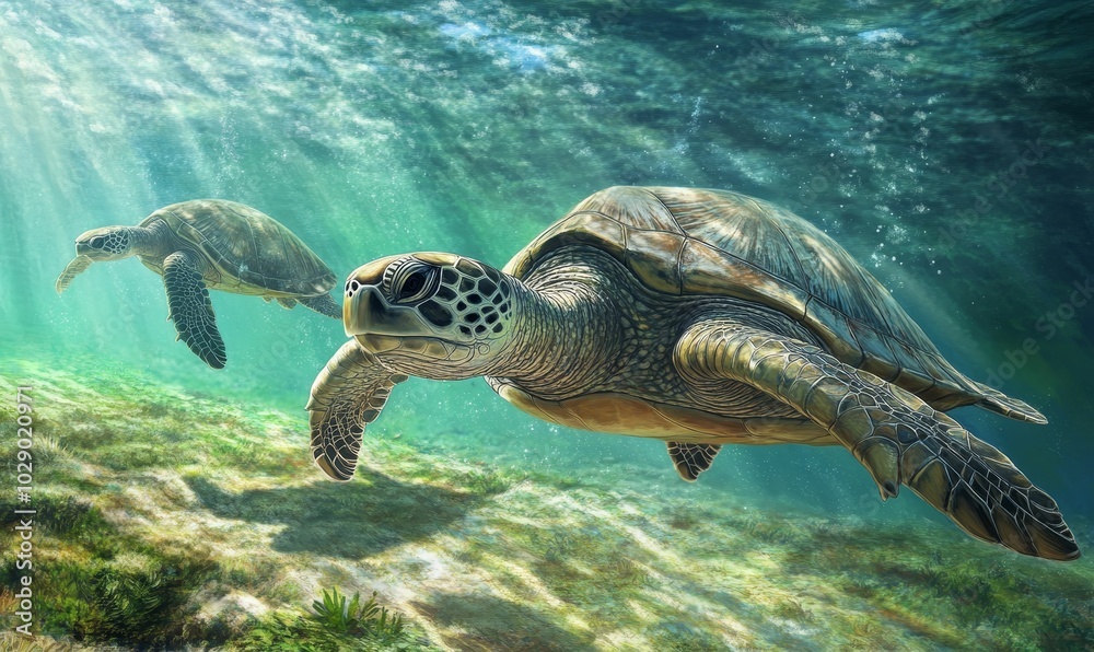 Fototapeta premium Two sea turtles swim in a turquoise ocean.