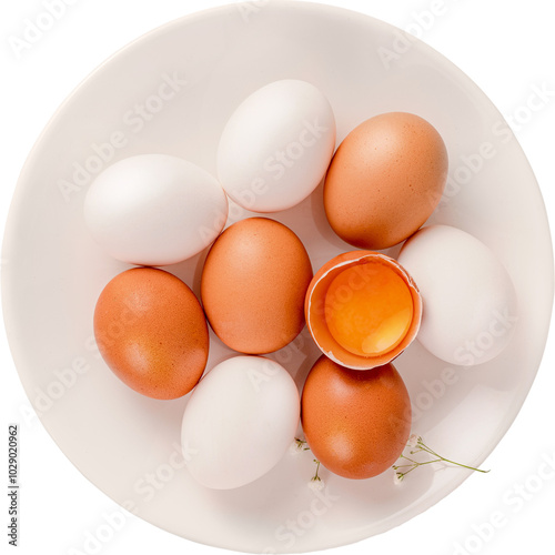 White eggs in package box on texture background. Top view of raw brown eggs on white plate with white napkin. photo