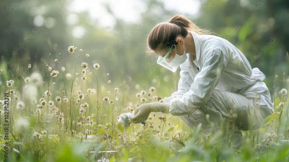 Field scientist gathering spore samples for vaccine resistance research in an epidemiological study, focused on pathogen resilience and public health. Field scientist gathering spore samples for vaccine resistance research in an epidemiological study, focused on pathogen resilience and public health.