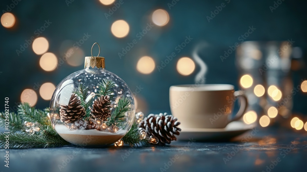 A glass Christmas ornament filled with pine cones and snow sits on a table with a cup of coffee and twinkling lights in the background. A glass Christmas ornament filled with pine cones and snow sits on a table with a cup of coffee and twinkling lights in the background.