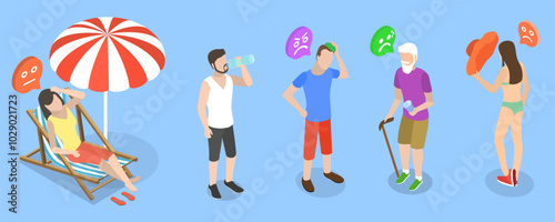 3D Isometric Flat Vector Illustration of Extreme Hot Weather, Individuals Experiencing Excessive Heat Conditions