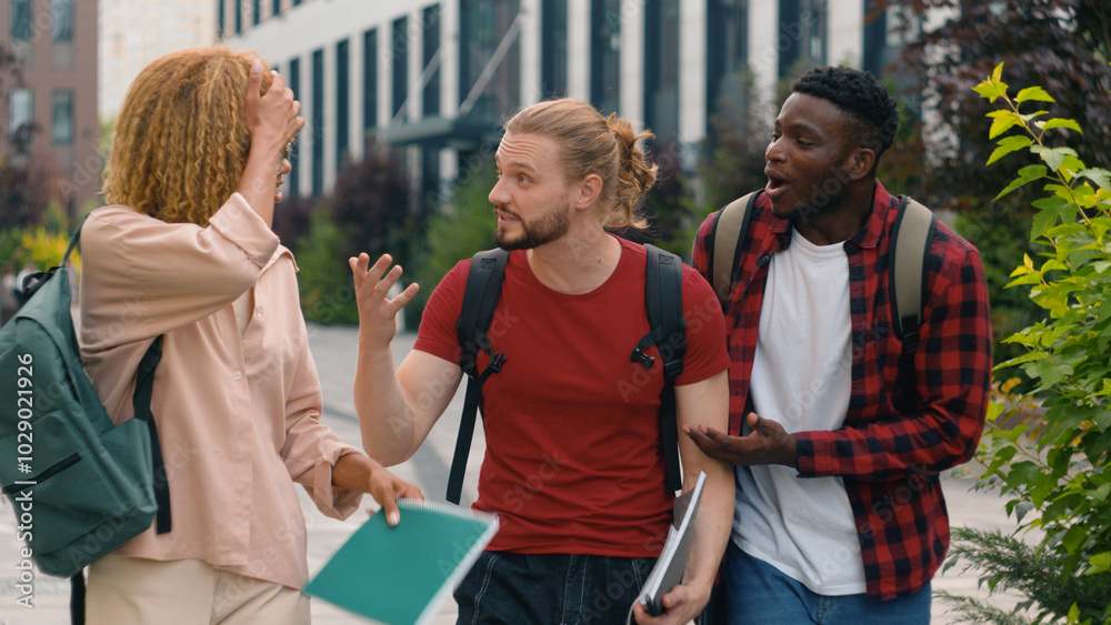 Fototapeta premium Group of mad emotional students multiracial friends Caucasian man guy with African American woman girl and ethnic guy diversity people walking outdoors college university quarrel argue problem discuss