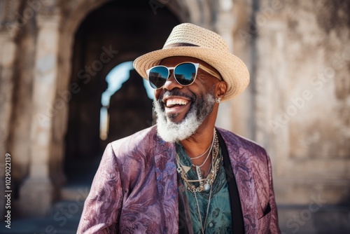 Portrait of a joyful afro-american man in his 60s wearing a trendy sunglasses in backdrop of ancient ruins