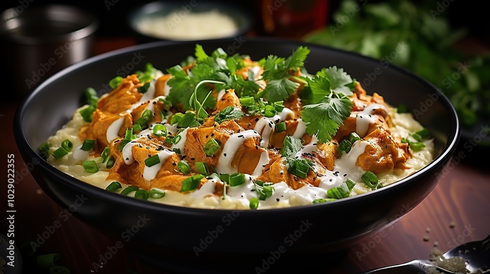 A bowl of creamy pumpkin curry with yogurt and fresh cilantro. A bowl of creamy pumpkin curry with yogurt and fresh cilantro.