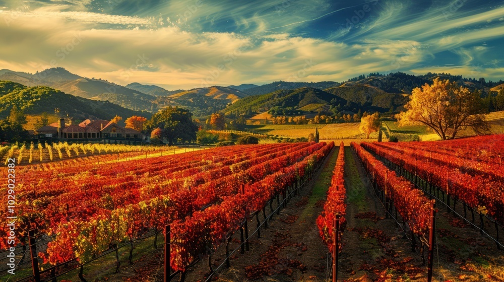 Fototapeta premium Autumnal Vineyard Landscape with Rolling Hills and Golden Sky
