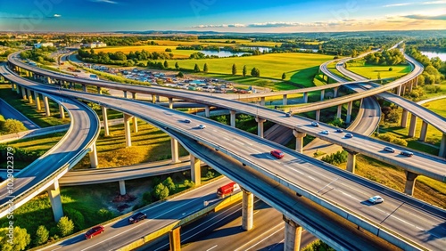 Macro Shot of Fast-Moving Traffic on Freeway Overpass Junction in Rural America