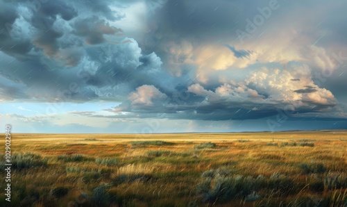 Distant storm over a vast open prairie landscape, 4K hyperrealistic photo