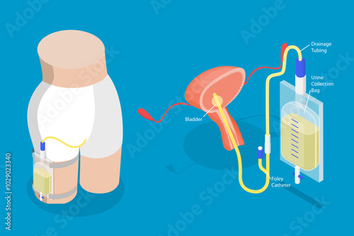 3D Isometric Flat Vector Illustration of Drainage Bladder, Flexible Rubber Urine Bag For Bladder Infections Treatment