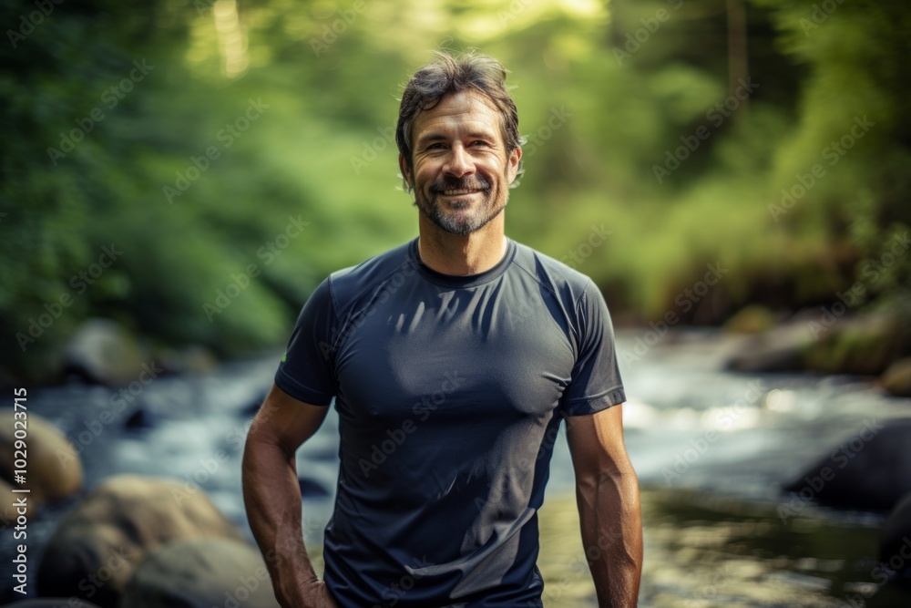 Portrait of a glad man in his 40s sporting a technical climbing shirt while standing against tranquil forest stream