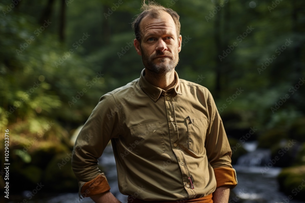 Obraz premium Portrait of a glad man in his 40s sporting a technical climbing shirt in tranquil forest stream