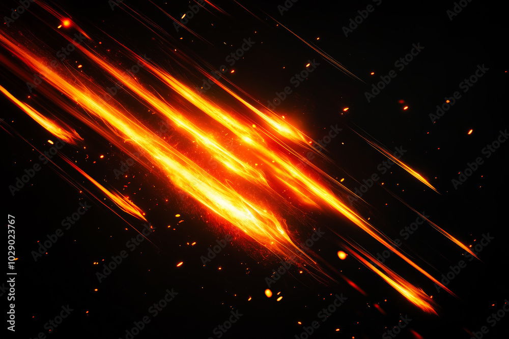 Fototapeta premium Meteor shower on black background. Flying asteroids with trails of light.