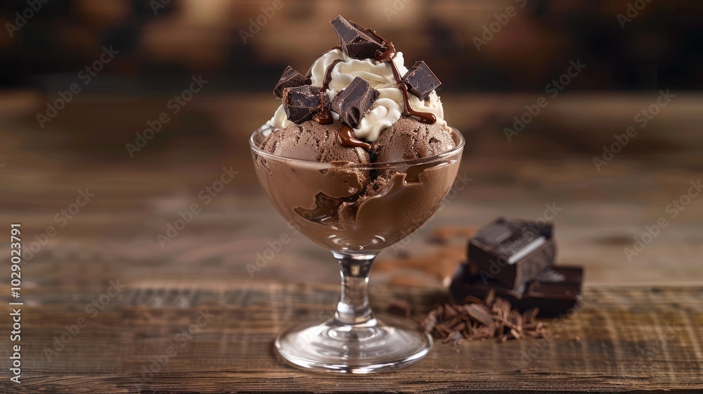 Chocolate Ice Cream Sundae with Whipped Cream and Chocolate Pieces Chocolate Ice Cream Sundae with Whipped Cream and Chocolate Pieces