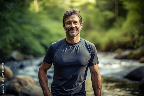 Portrait of a glad man in his 40s sporting a technical climbing shirt while standing against tranquil forest stream