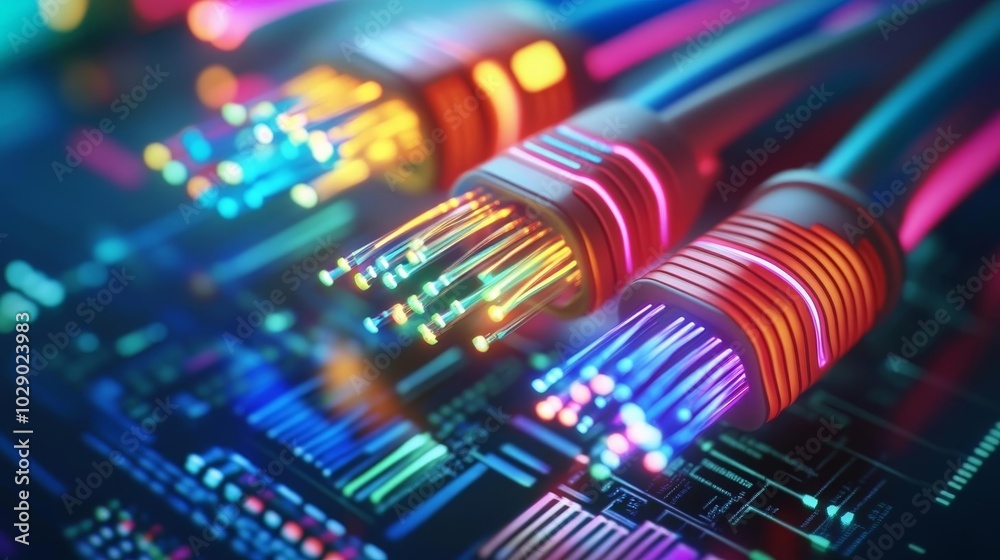 Bundle of colorful fiber optic cables with glowing tips, high-tech data transmission, vibrant neon lights, futuristic communication, sleek technology design Bundle of colorful fiber optic cables with glowing tips, high-tech data transmission, vibrant neon lights, futuristic communication, sleek technology design