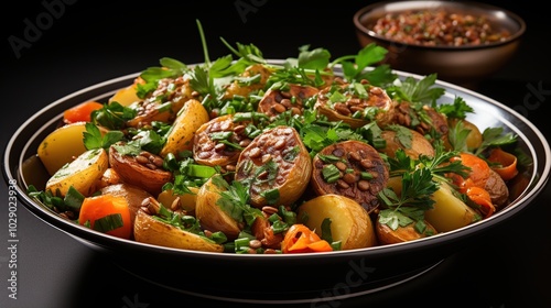 A bowl of potato salad with parsley, carrots, and sunflower seeds, and a side bowl of a red sauce.