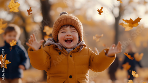 Kids laughing and throwing leaves in a park during Halloween, wearing festive costumes.