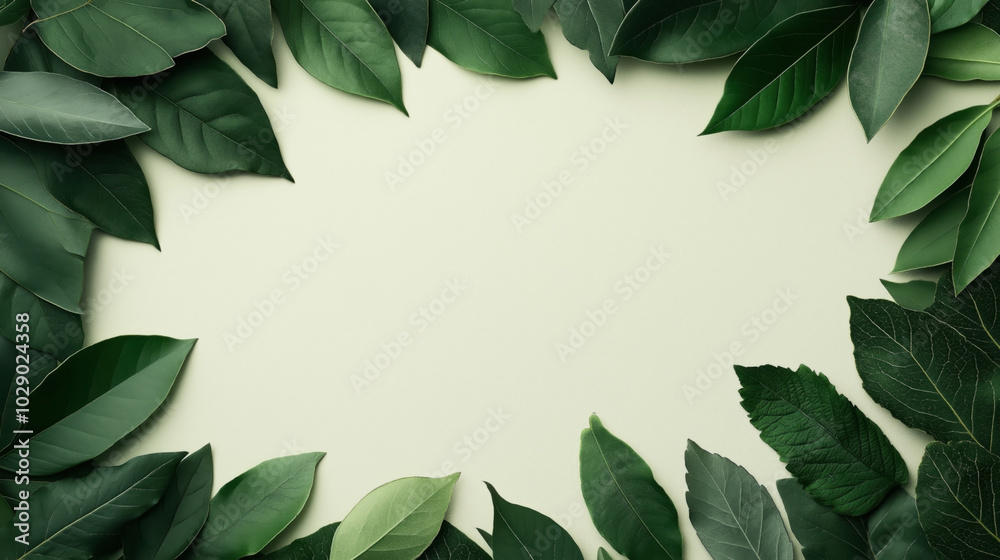 Fototapeta premium Flat lay composition of various green leaves arranged in a border pattern on a light green background, offering a natural and organic theme.