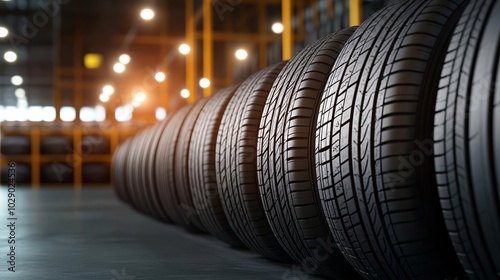 Neatly organized rows of car tires in a dimly lit warehouse, industrial atmosphere, high-detail rubber texture, sleek and modern automotive inventory