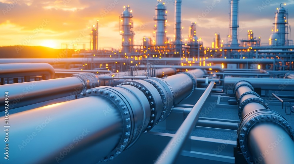 Sunset-lit industrial pipeline system, gleaming steel pipes extending into the distance, futuristic petrochemical refinery, high-tech industrial design Sunset-lit industrial pipeline system, gleaming steel pipes extending into the distance, futuristic petrochemical refinery, high-tech industrial design