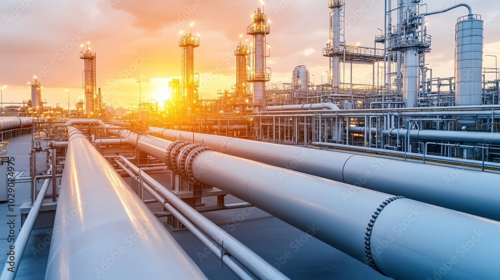 Sunset-lit industrial pipeline system, gleaming steel pipes extending into the distance, futuristic petrochemical refinery, high-tech industrial design Sunset-lit industrial pipeline system, gleaming steel pipes extending into the distance, futuristic petrochemical refinery, high-tech industrial design