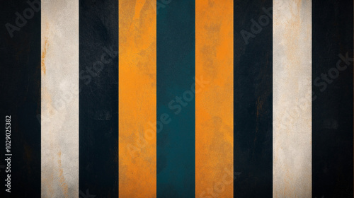 Abstract vertical striped pattern with alternating black, orange, and white textured stripes creating a bold geometric design.