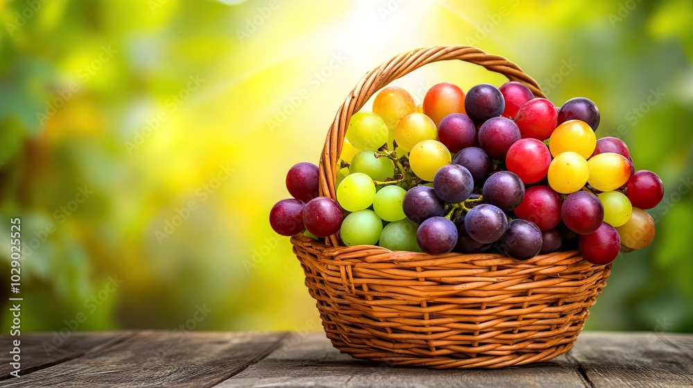 Close-up of a wicker basket brimming with colorful grapes, freshly picked from a vineyard on a sunny day. Close-up of a wicker basket brimming with colorful grapes, freshly picked from a vineyard on a sunny day.