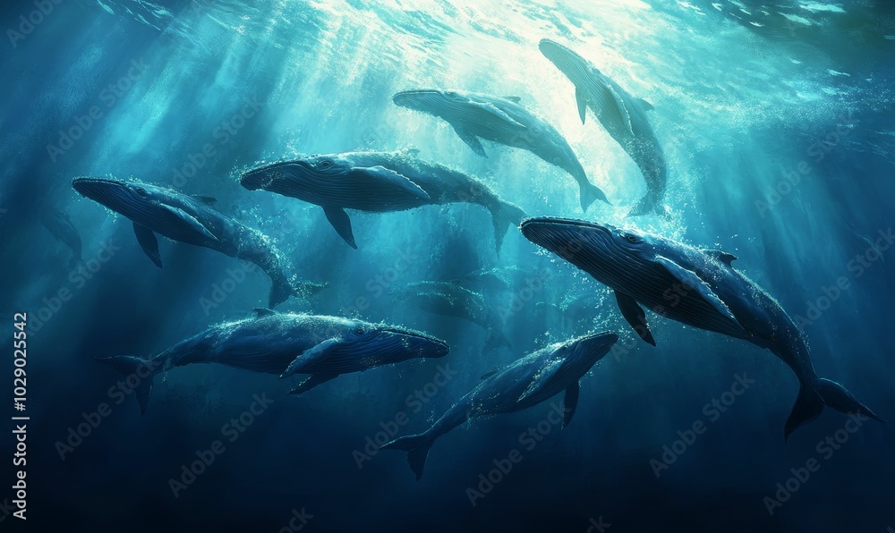 Obraz premium Humpback whales swimming in blue water.