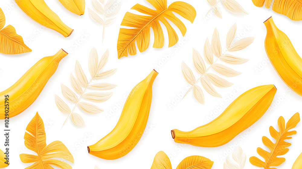 Playful Cartoon-Style Pattern of Banana Leaves and Ferns on White with Bold Outlines for Bright Wallpaper Design Playful Cartoon-Style Pattern of Banana Leaves and Ferns on White with Bold Outlines for Bright Wallpaper Design