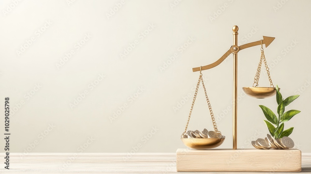 Equity Balance Scale with Shares and Rising Arrow, symbolizing investment growth and financial valuation dynamics