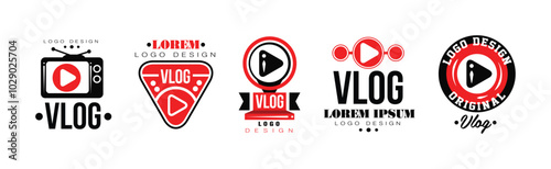Vlog Logo and Label Design with Red and Black Vector Set