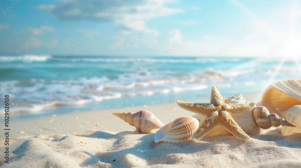 Seashells and a Starfish on a Sandy Beach with a Blurry Ocean Background Seashells and a Starfish on a Sandy Beach with a Blurry Ocean Background