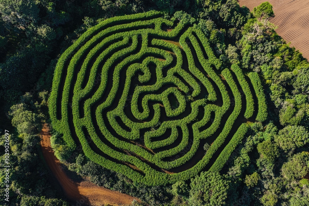 Aerial view of a green maze. This image can be used for websites, blogs, or social media posts about puzzles, challenges, or nature. Aerial view of a green maze. This image can be used for websites, blogs, or social media posts about puzzles, challenges, or nature.