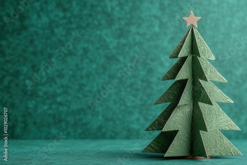 Small, green 3d christmas tree homemade from decorative paper with structure resembling compressed pine needles. Blurry background with large copy space. Green christmas postcard idea. Sustainability. photo