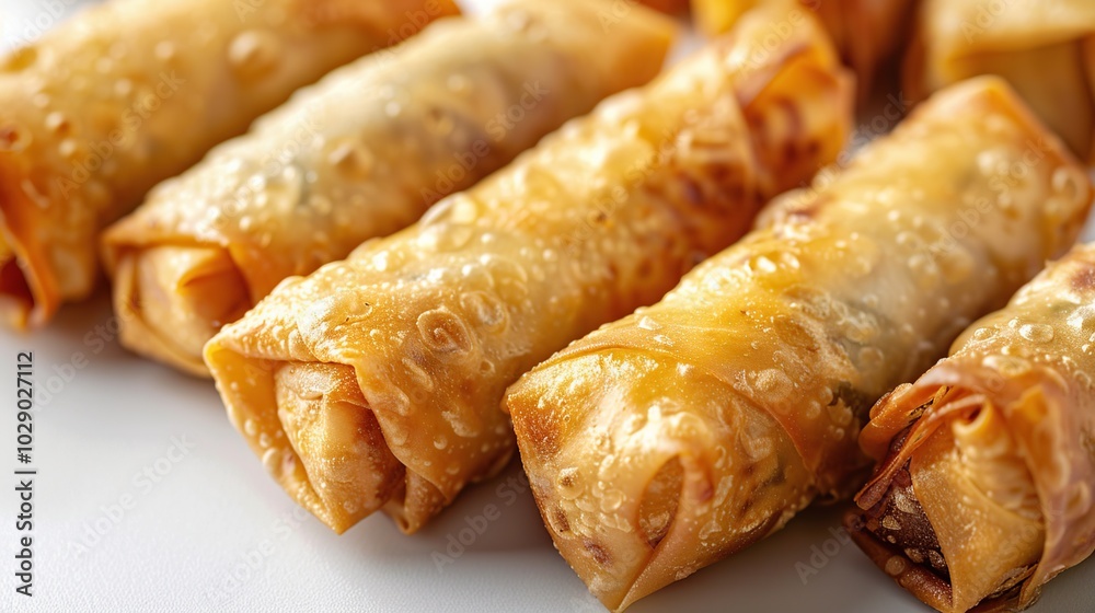 Close-up of crispy golden brown egg rolls arranged in a row on a white plate. Close-up of crispy golden brown egg rolls arranged in a row on a white plate.