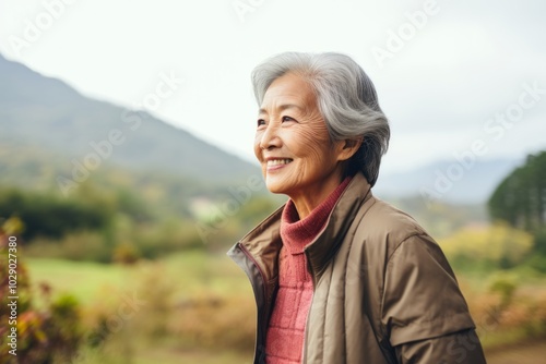 Portrait of a tender asian woman in her 70s sporting a breathable hiking shirt on backdrop of an idyllic countryside photo