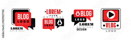 Vlog Logo and Label Design with Red and Black Vector Set
