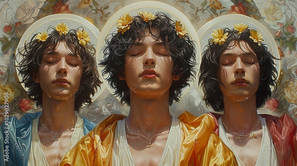 Fototapeta premium Three Young Men with Halos and Daisies: A Serene Portrait