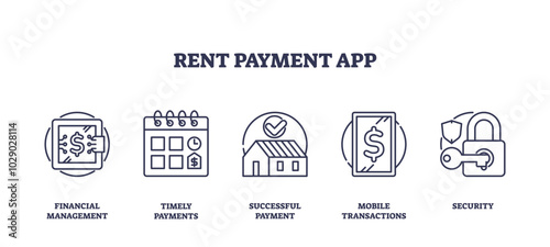 Rent payment app icons depict financial management, timely payments, and security, transparent background. Outline icons set.