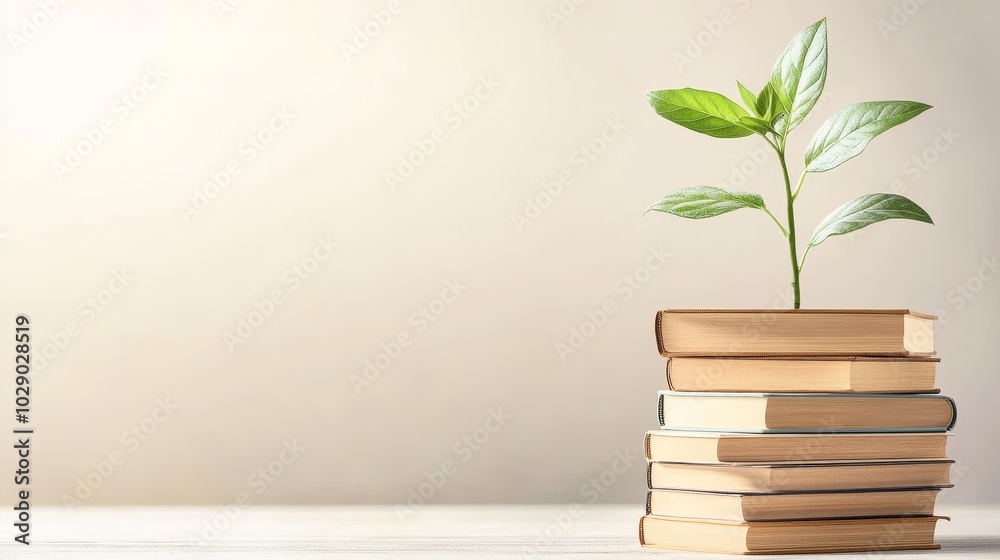 Financial Growth, a collection of books on investment terms beside a thriving plant symbolizing prosperity and knowledge expansion