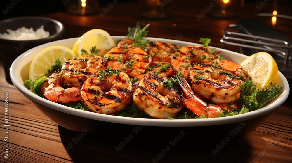 Grilled shrimp with lemon wedges and parsley on a bed of lettuce in a white bowl on a wooden table. Grilled shrimp with lemon wedges and parsley on a bed of lettuce in a white bowl on a wooden table.