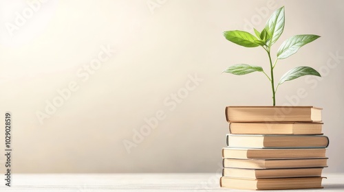 Obraz na płótnie Financial Growth, a collection of books on investment terms beside a thriving plant symbolizing prosperity and knowledge expansion w salonie