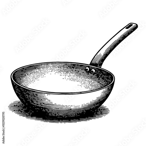 Empty Wok with Long Handle in Detailed Black and White Outline Line Art Drawing