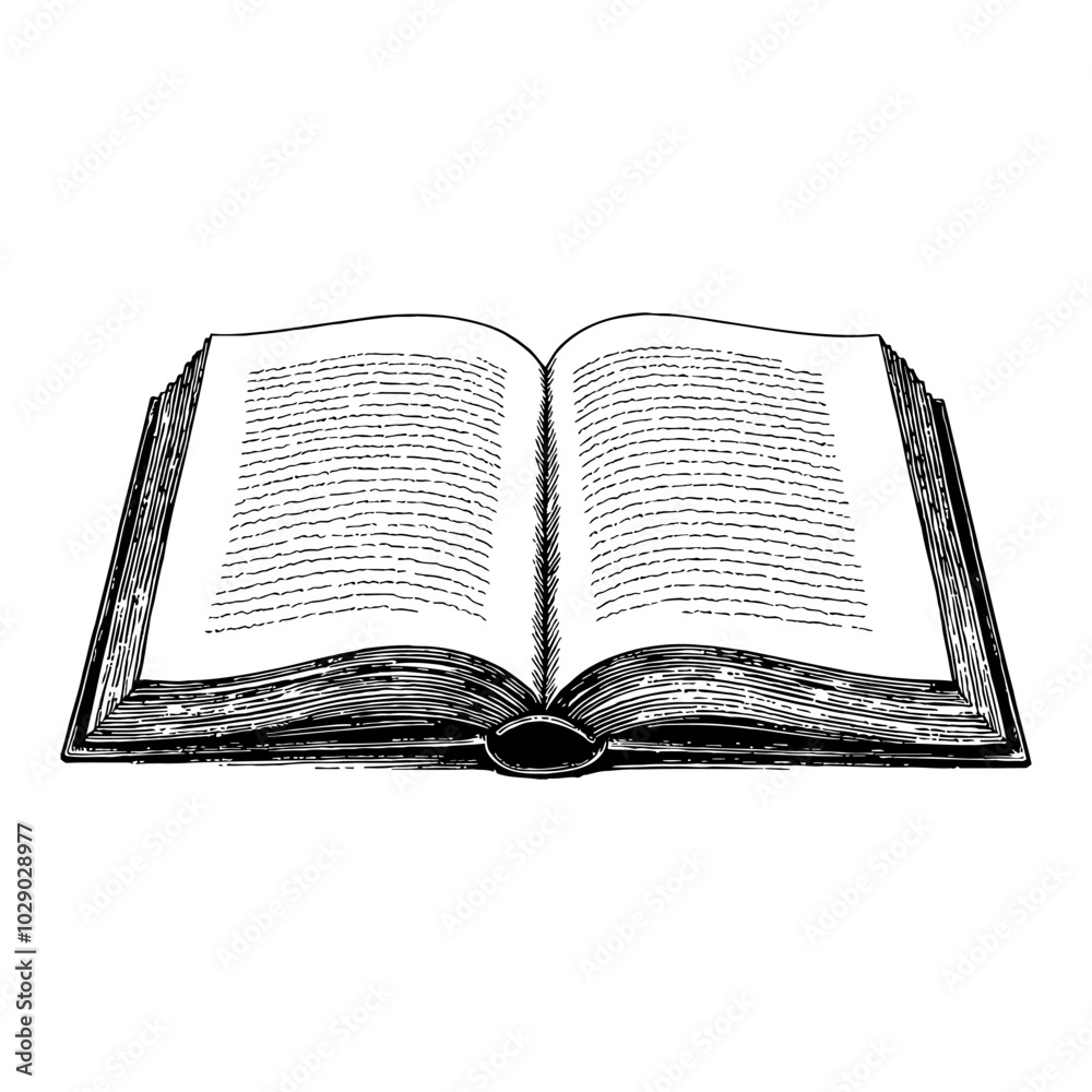 Fototapeta premium Open Book Detailed Black and White Outline Line Art Drawing with Detailed Pages and Cover