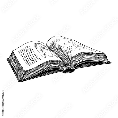 Open Book Black and White Outline Line Art Drawing with Detailed Pages and Classic Design