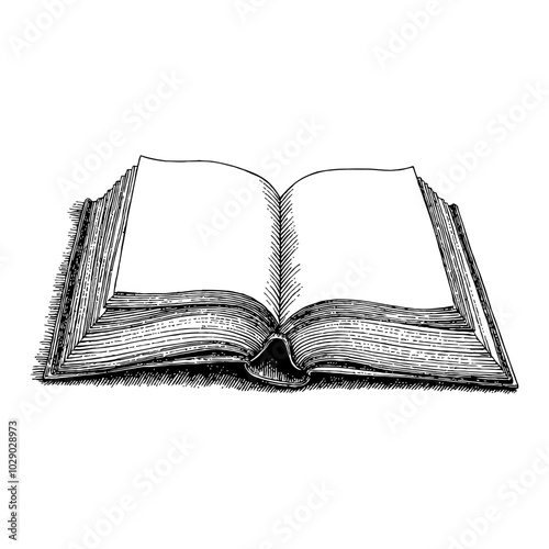 Opened Old Book Illustrated in Detailed Black and White Outline Line Art Drawing Style