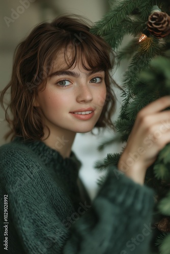 Portrait of a young eoman decorating Christmas tree photo