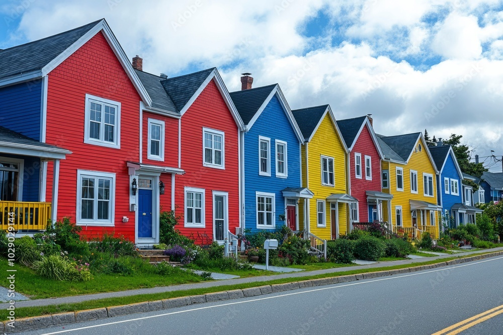 Colorful Row of Houses with Green Lawns and a Sidewalk Colorful Row of Houses with Green Lawns and a Sidewalk